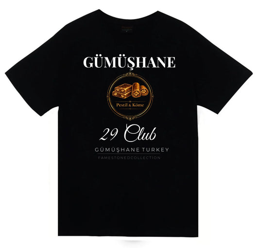 Gümüşhane - 29 - Pestil - Köme - Şehir Baskılı Unisex %100 Pamuk Siyah T-shirt