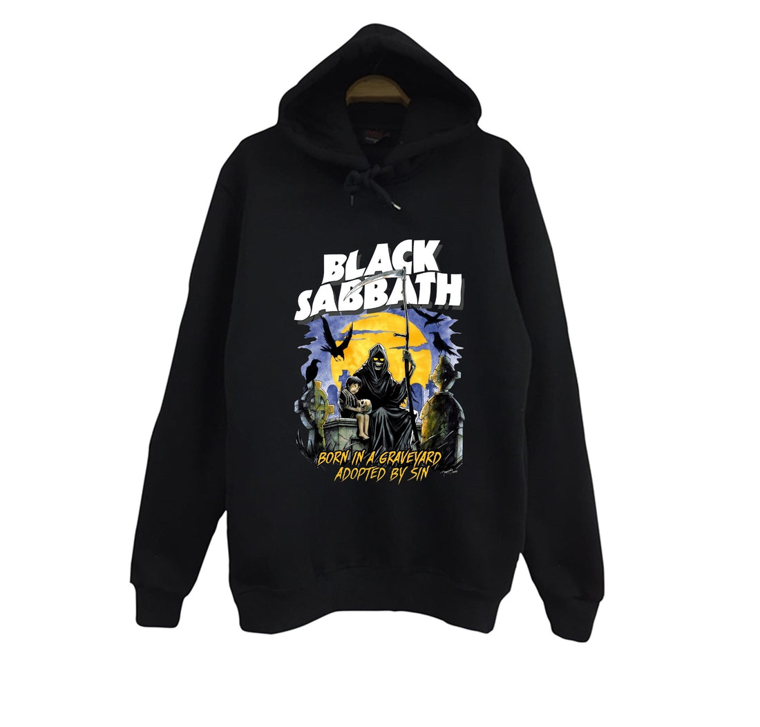 Black Sabbath Mezarlıkta azrail figürü Born baskılı siyah kapüşonlu sweatshirt