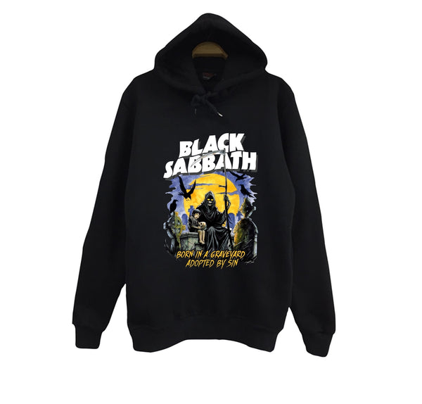Black Sabbath Mezarlıkta azrail figürü Born baskılı siyah kapüşonlu sweatshirt