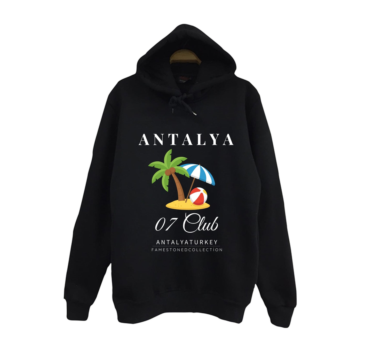 Antalya07BeachSahilDeniz Plaj Yaz Tatili Şehir Baskılı Unisex %100 Pamuk Kapüşonlu Siyah Sweatshirt