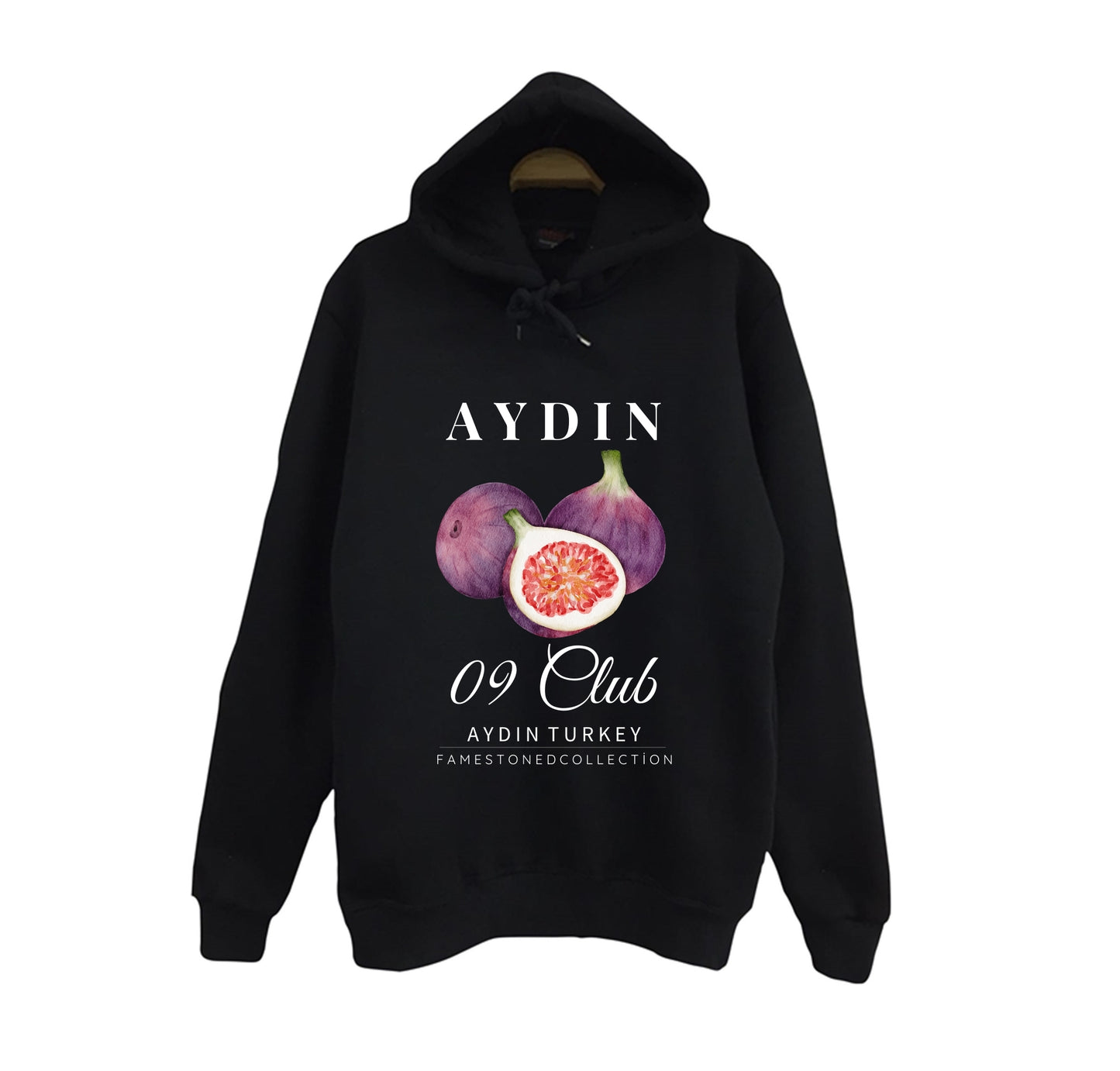 Aydın 09 - İncir - Meyve - Sahil - Beach Şehir Baskılı Unisex %100 Pamuk Kapüşonlu Siyah Sweatshirt