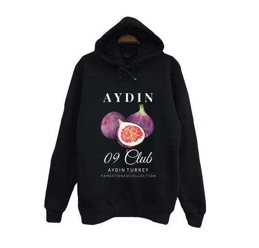 Aydın 09 - İncir - Meyve - Sahil - Beach Şehir Baskılı Unisex %100 Pamuk Kapüşonlu Siyah Sweatshirt