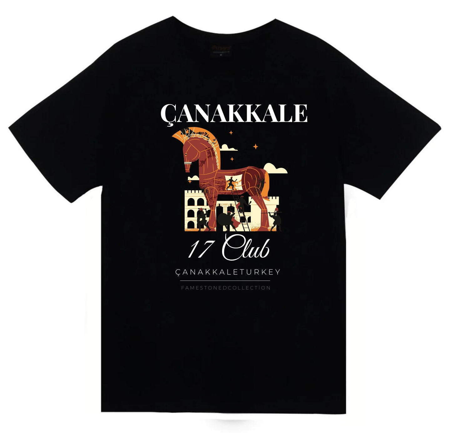 Çanakkale - 17 - Troya - Şehitlik - Şehir Baskılı Unisex %100 Pamuk Siyah T-shirt