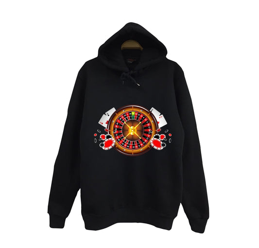 Rulet - Kumar - Kağıt - Oyun - Zar - Casino Baskılı Unisex %100 Pamuk Kapüşonlu Siyah Sweatshirt