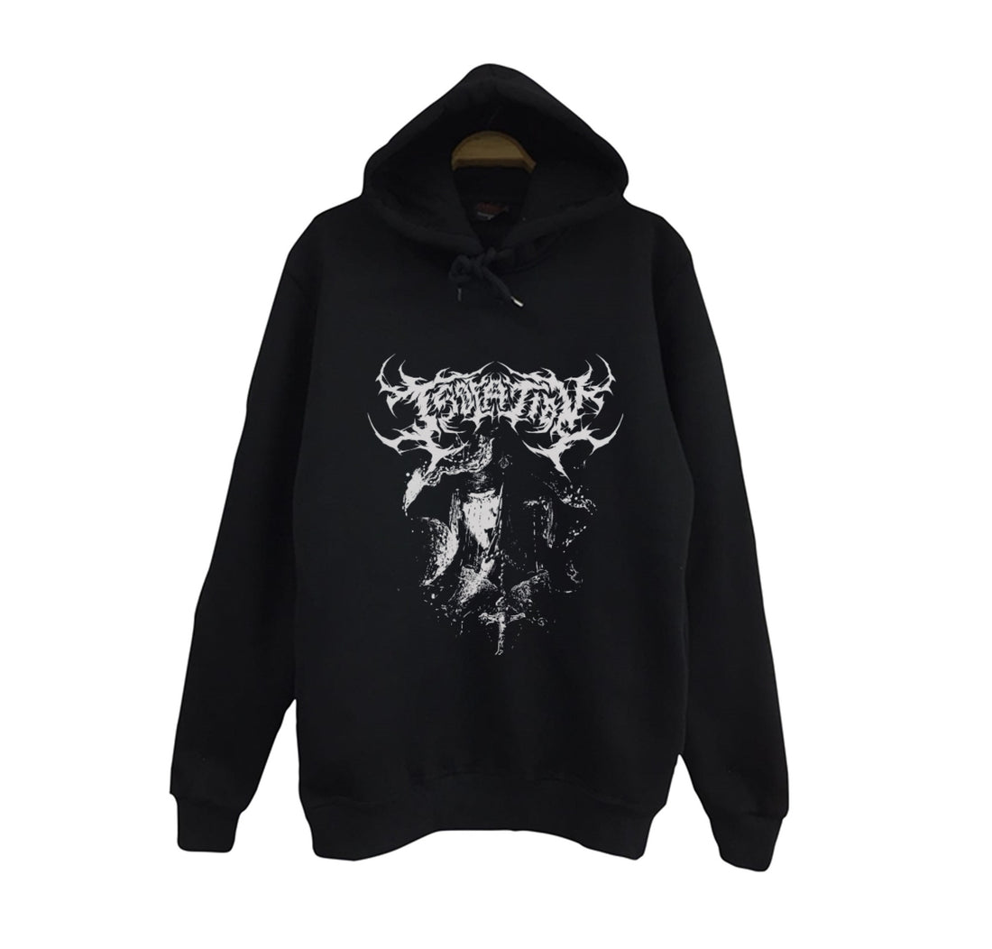 Gothic Black metal tarzı dikenli baskılı siyah kapüşonlu sweatshirt