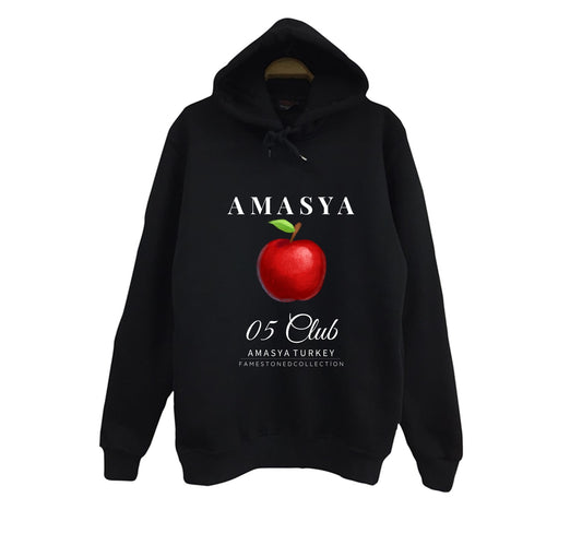 Amasya - 05 - Elma - Şehir Baskılı Unisex %100 Pamuk Kapüşonlu Siyah Sweatshirt