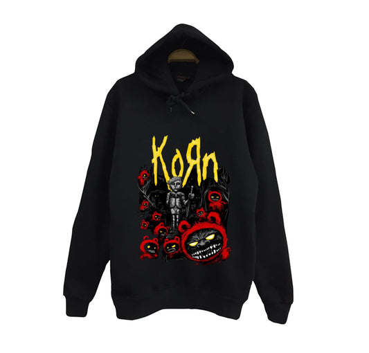 Korn - Rock - Band - Metal Baskılı Unisex %100 Pamuk Kapüşonlu Siyah Sweatshirt