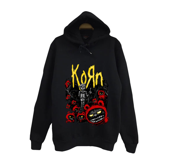 Korn - Band Sarı logo, robot çocuk baskılı siyah kapüşonlu sweatshirt