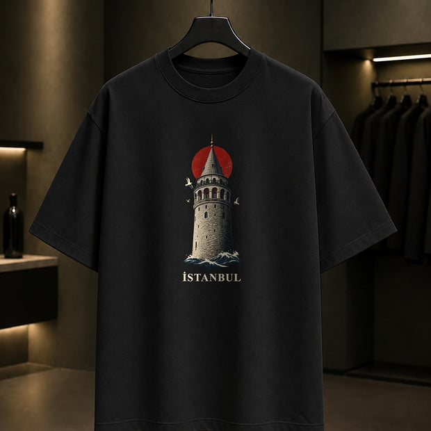 İstanbul 34 Boğaz Ayasofya Galata - Şehir Baskılı Unisex %100 Pamuk Siyah Tişört
