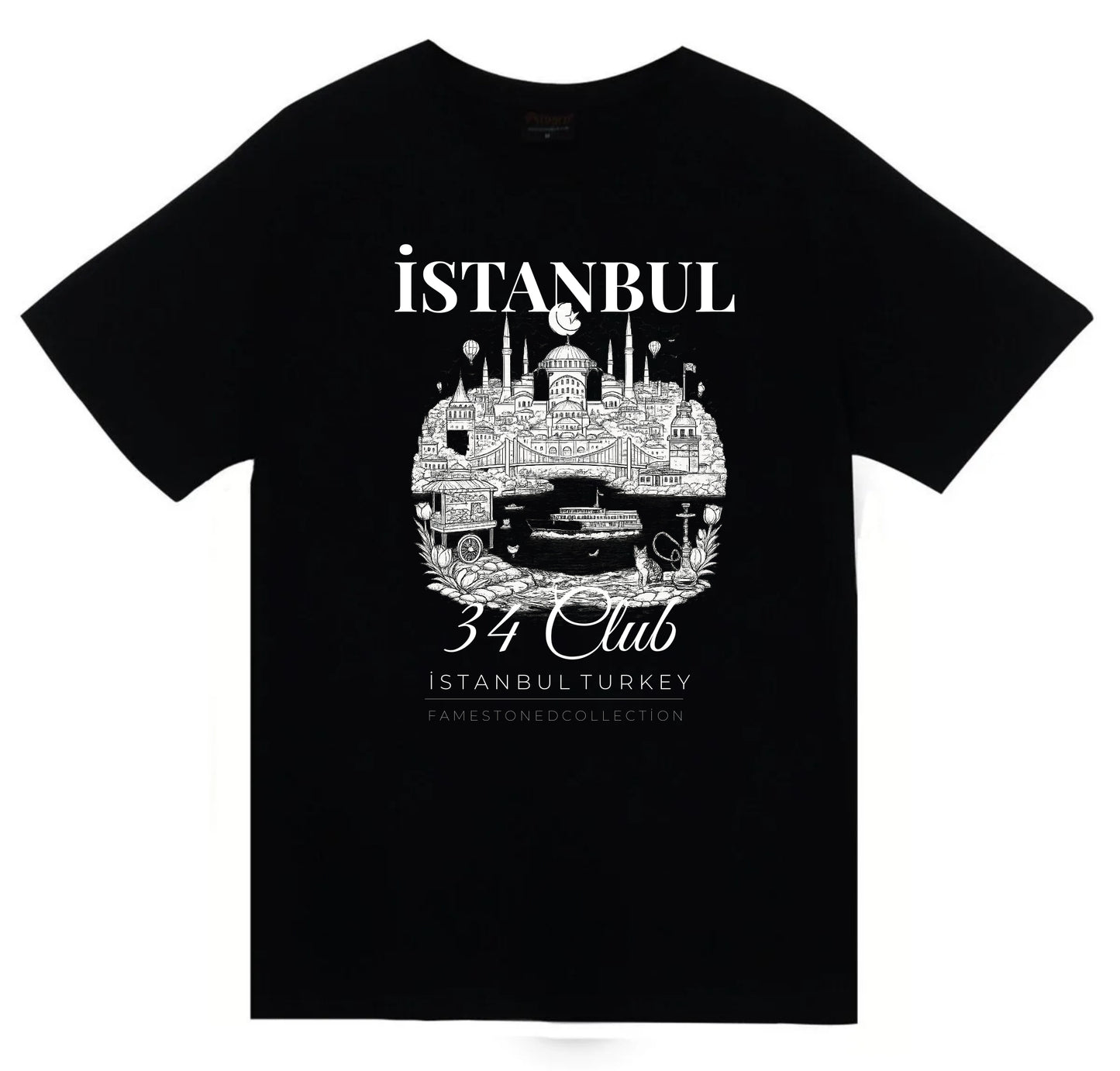 İstanbul 34 Boğaz Ayasofya Galata - Şehir Baskılı Unisex %100 Pamuk Siyah T-shirt