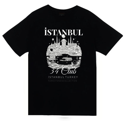 İstanbul 34 Boğaz Ayasofya Galata - Şehir Baskılı Unisex %100 Pamuk Siyah T-shirt
