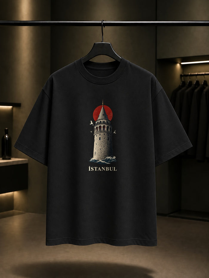 İstanbul 34 Boğaz Ayasofya Galata - Şehir Baskılı Unisex %100 Pamuk Siyah Tişört