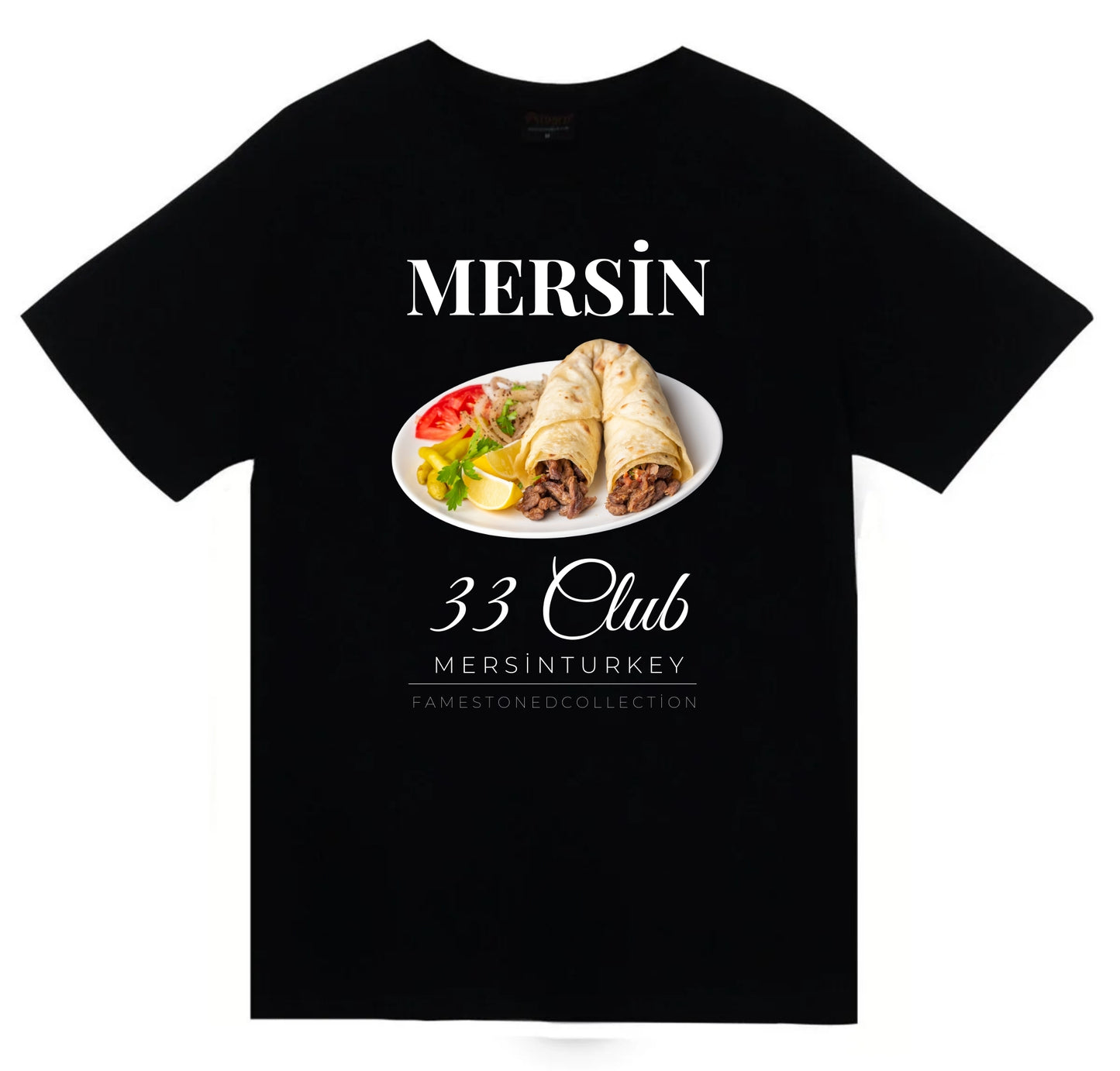 Mersin - 33 - Tantuni - Kızkalesi - Şehir Baskılı Unisex %100 Pamuk Siyah T-shirt