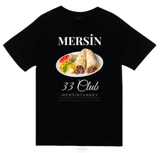 Mersin - 33 - Tantuni - Kızkalesi - Şehir Baskılı Unisex %100 Pamuk Siyah T-shirt