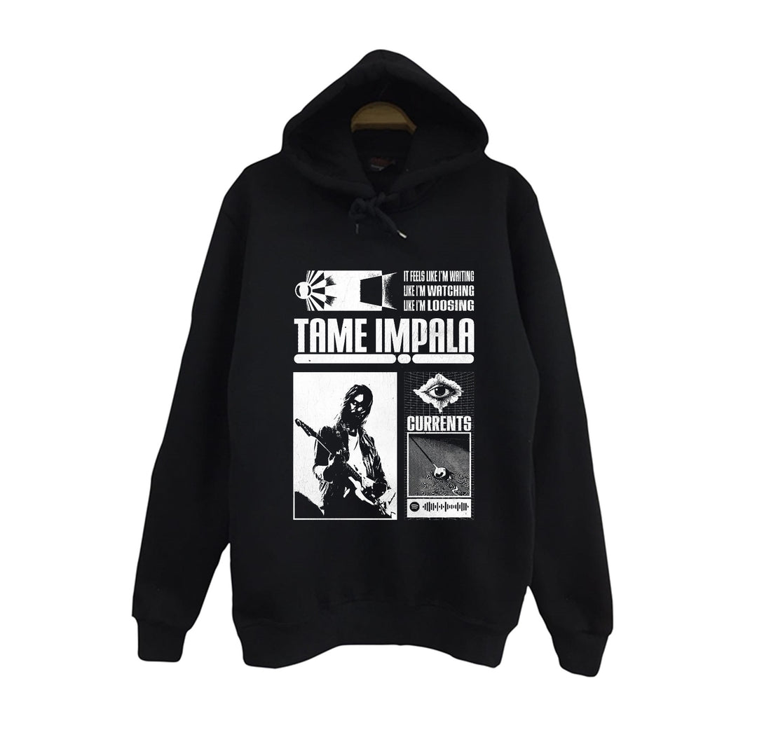 Tame Impala Müzik Grubu baskılı siyah kapüşonlu sweatshirt