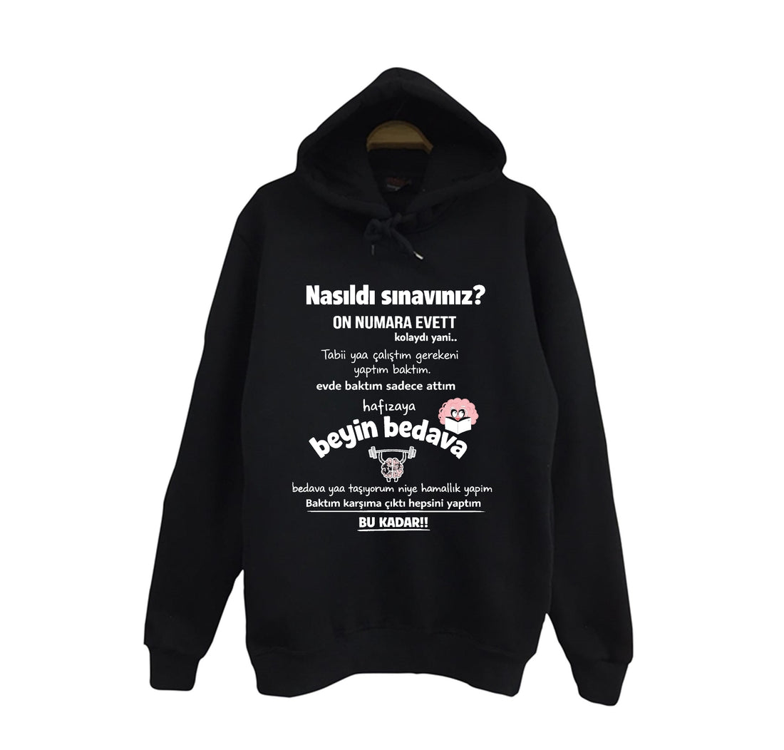 Beyin Bedava baskılı siyah kapüşonlu sweatshirt