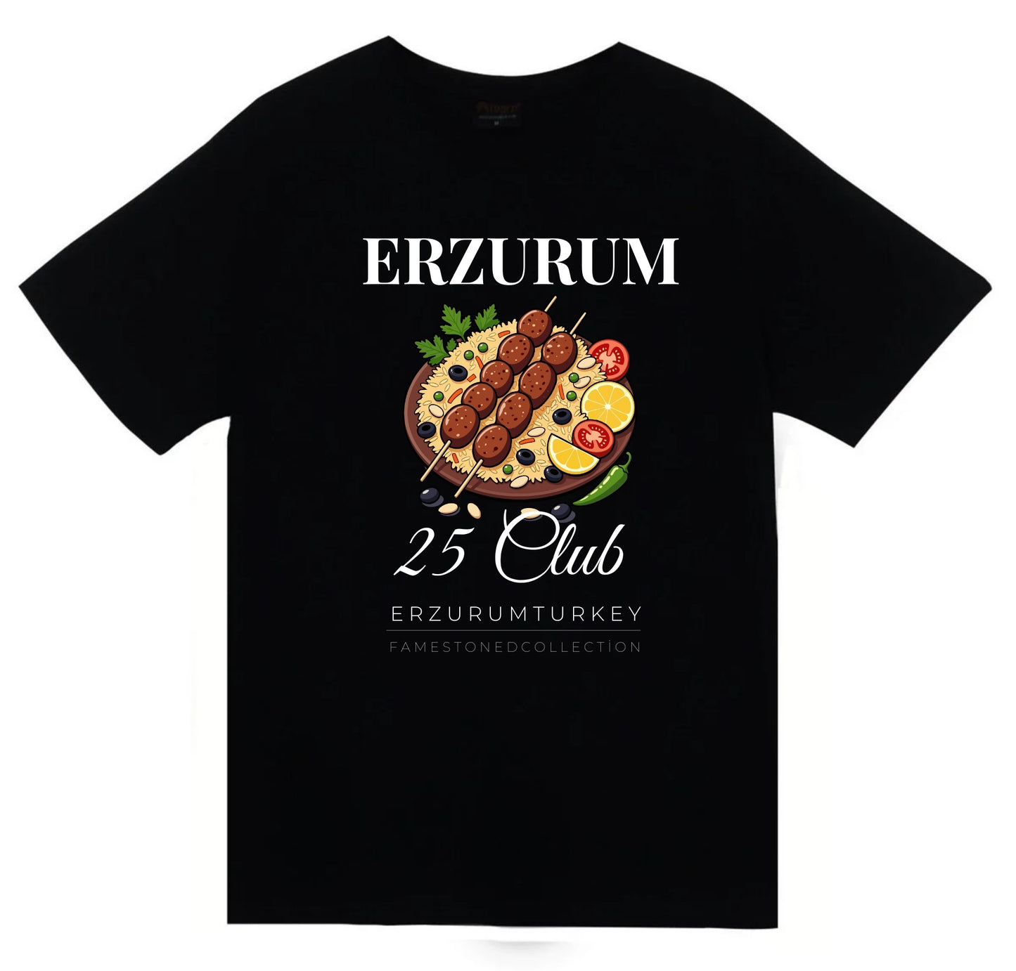 Erzurum 25 Palandöken - Cağ Kebabı - Şehir Baskılı Unisex %100 Pamuk Siyah T-shirt