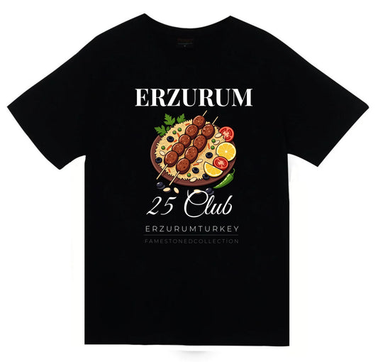 Erzurum 25 Palandöken - Cağ Kebabı - Şehir Baskılı Unisex %100 Pamuk Siyah T-shirt