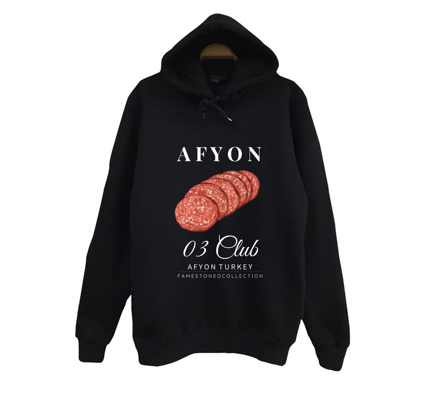 Afyon - 03 - Sucuk- Şehir Baskılı Unisex %100 Pamuk Kapüşonlu Siyah Sweatshirt