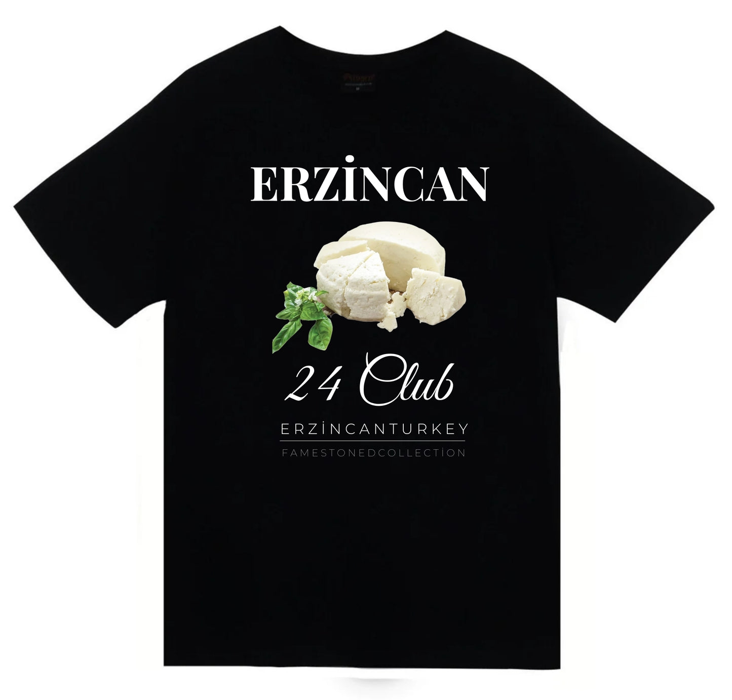 Erzincan 24 Tulum Peyniri Girlevik Şehir Baskılı Unisex %100 Pamuk Siyah T-shirt