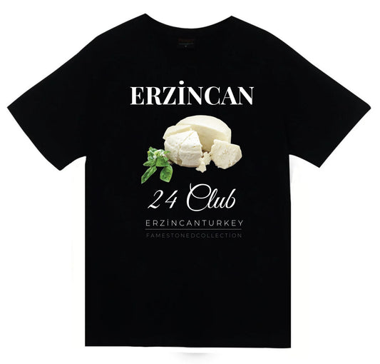 Erzincan 24 Tulum Peyniri Girlevik Şehir Baskılı Unisex %100 Pamuk Siyah T-shirt