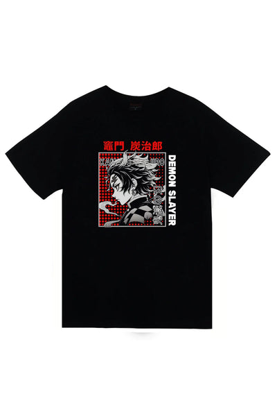 Demon Slayer Tanjirō Kamado Anime - Tanjiro kırmızı Baskılı Unisex %100 Pamuk Siyah T-shirt