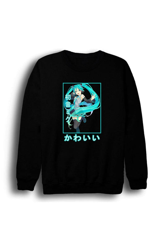 Hatsune Miku Anime Baskılı Unisex %100 Pamuk Siyah Bisiklet Yaka Sweatshirt