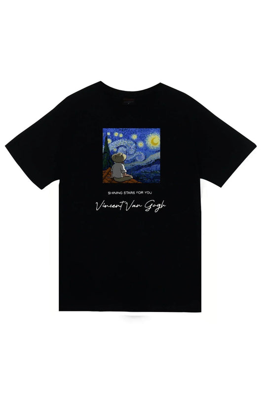 Vincent Van Gogh Baskılı Unisex %100 Pamuk Siyah T-shirt