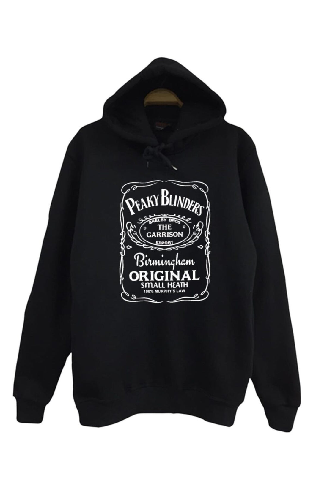 Siyah Peaky Blinders Viski etiketi tarzında baskılı siyah kapüşonlu sweatshirt