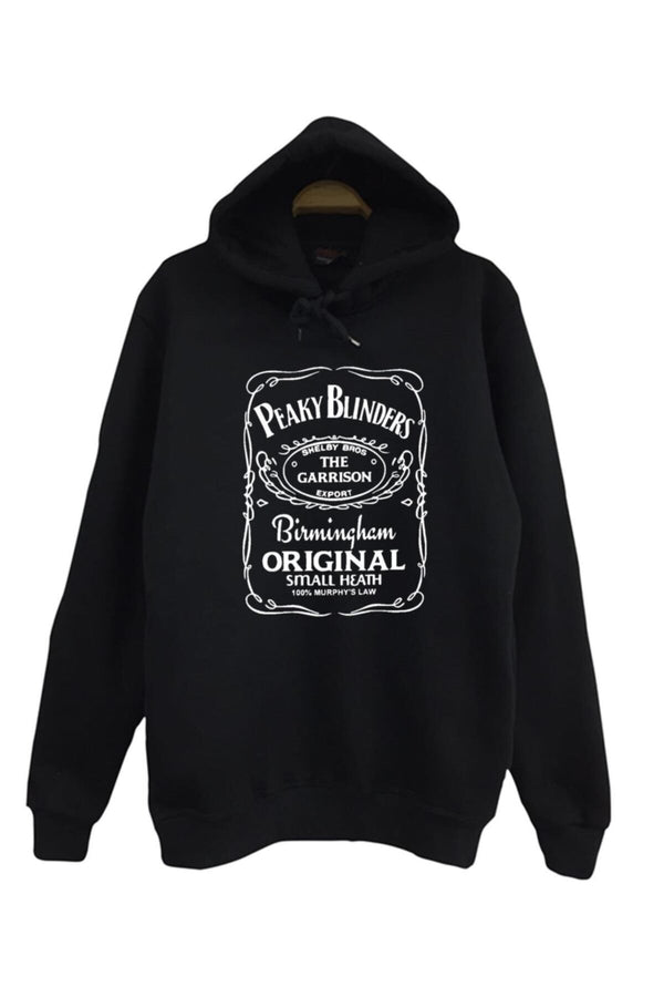 Siyah Peaky Blinders Viski etiketi tarzında baskılı siyah kapüşonlu sweatshirt