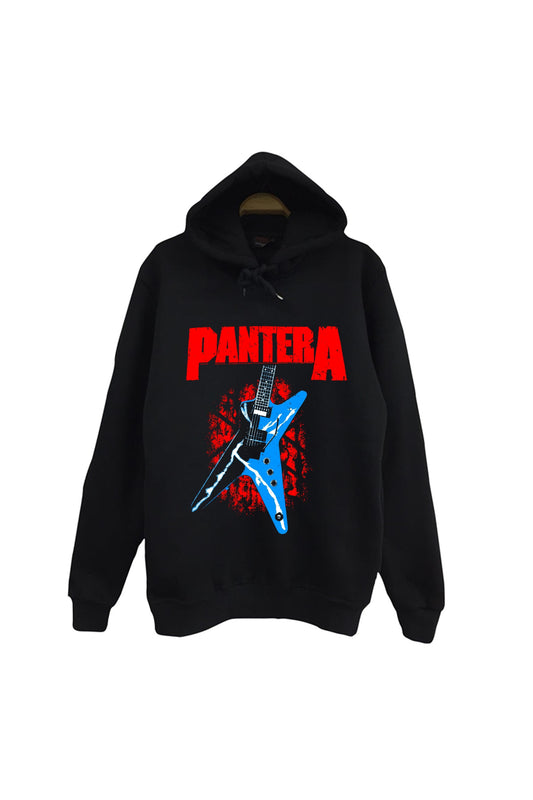 Pantera Baskılı Unisex %100 Pamuk Siyah Kapüşonlu Sweatshirt
