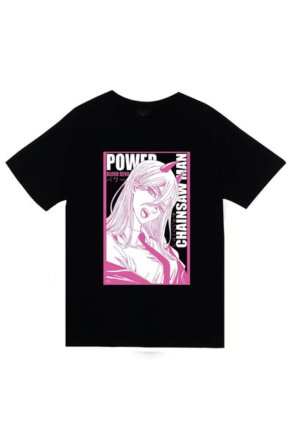 Chainsaw Man Anime Karakteri Power pembe poster baskılı siyah tişört