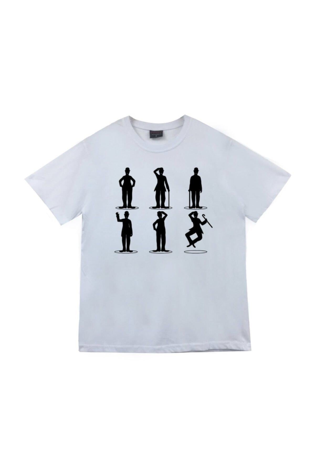 Unisex Beyaz Charlie Chaplin Baskılı Tshirt