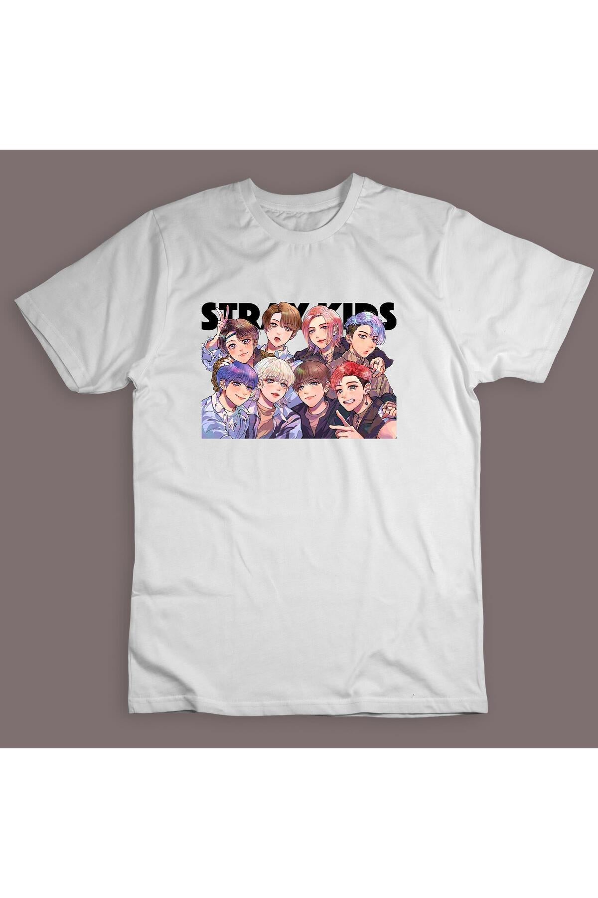 Stray Kids K-pop Müzik Grubu Baskılı Unisex %100 Pamuk Beyaz T-shirt