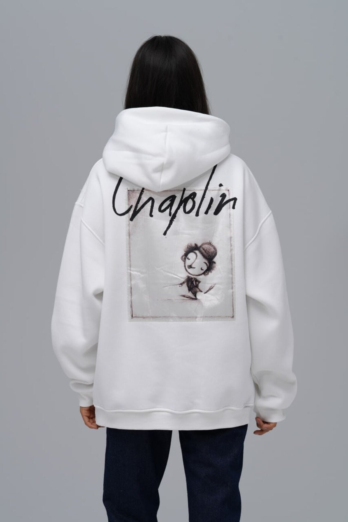 Charlie Chaplin Baskılı,Nakışlı %100 Pamuk Kapüşonlu Beyaz Sweatshirt