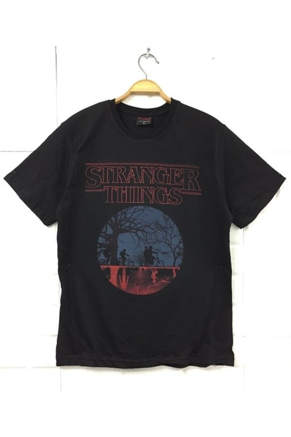 Stranger Things Dizi - Film Baskılı Unisex %100 Pamuk Tişört – Siyah