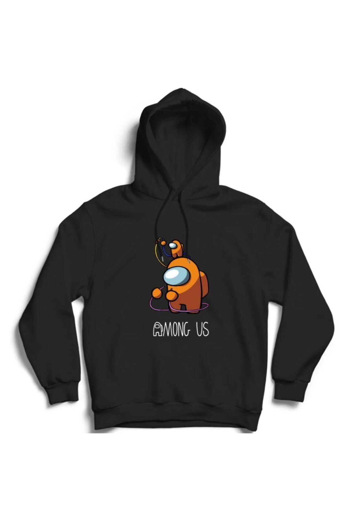 Unisex Siyah Among Us Oyun Baskılı Kapüşonlu Sweatshirt