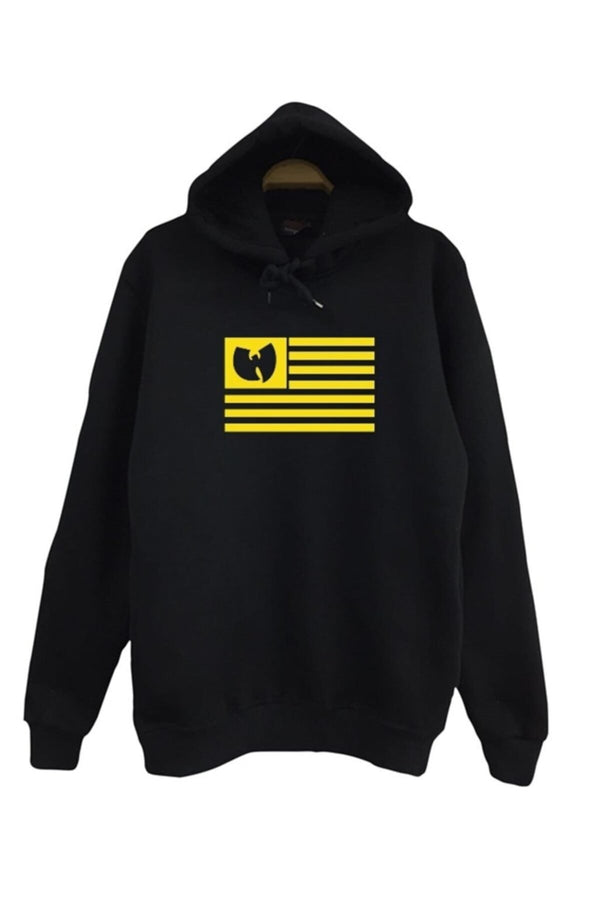 Everything Will Be Ok Wu-Tang logolu sarı bayrak baskılı siyah kapüşonlu sweatshirt
