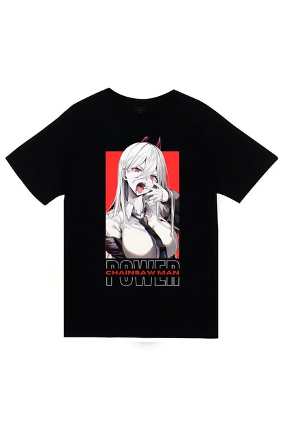 Chainsaw Man Pembe cerceveli anime karakter posteri Desen 2 Baskılı Unisex %100 Pamuk Siyah T-shirt