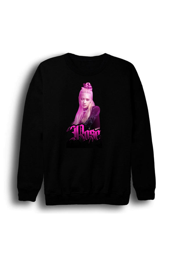 Rosé - BLACKPINK - K-Pop K-Pop - pembe saçlı baskılı siyah sweatshirt