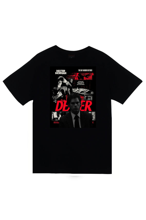 Dexter Dizisi kırmızı-siyah poster kolajı baskılı siyah tişört