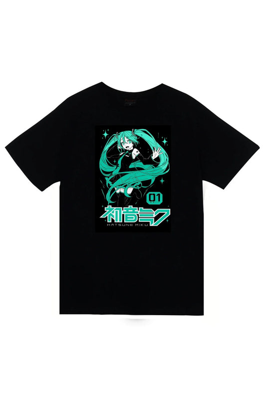 Hatsune Miku Anime Baskılı Unisex %100 Pamuk Siyah T-shirt