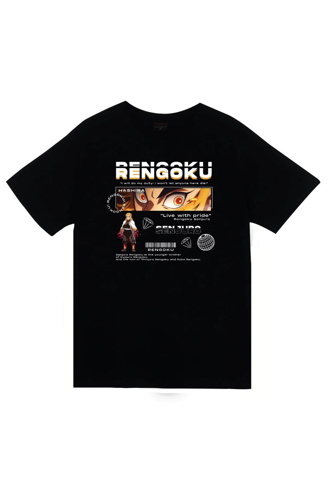 Demon Slayer Kyojuro Rengoku baskılı siyah tişört