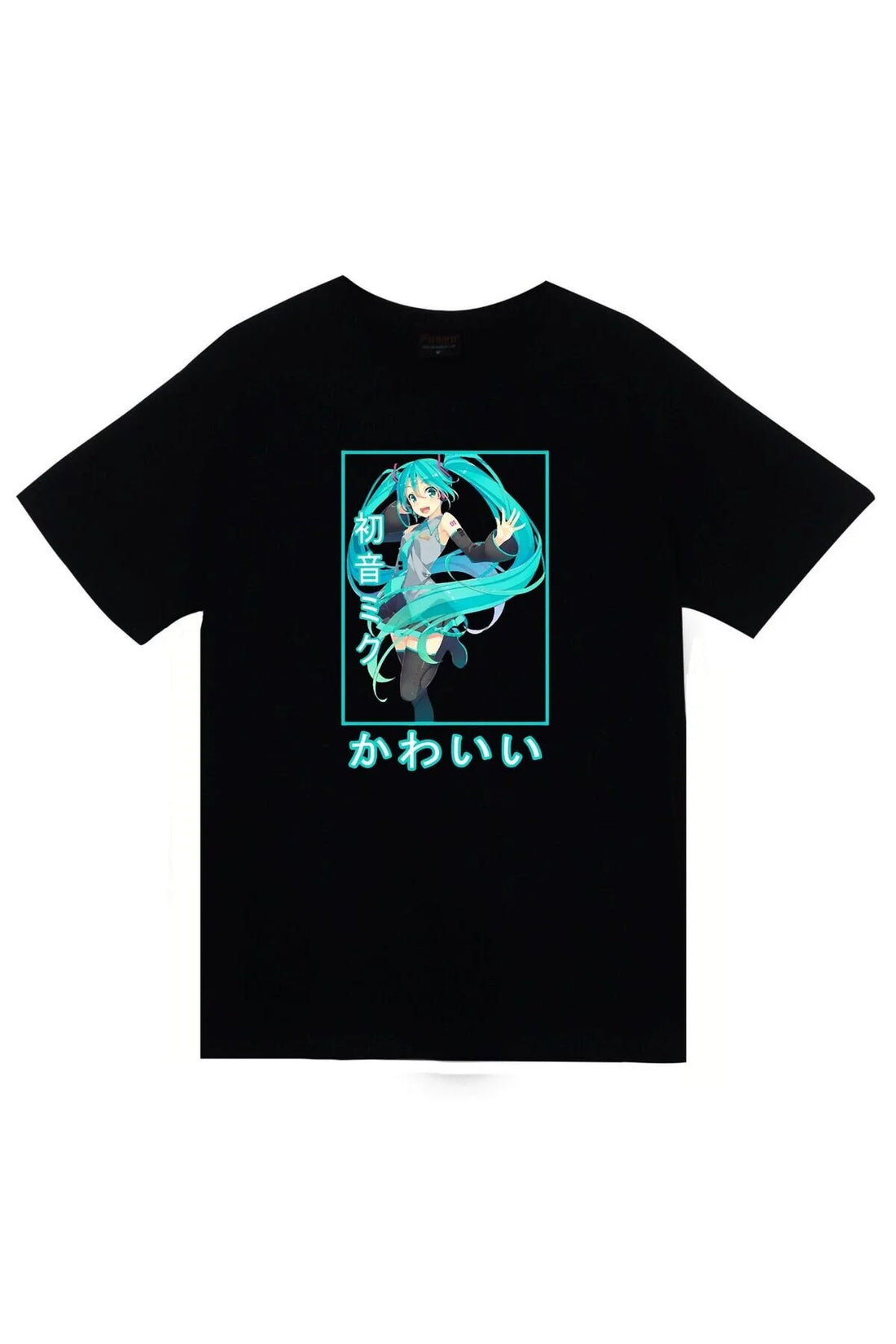 Hatsune Miku Anime Çerçeveli illüstrasyon ve kawaii baskılı siyah tişört