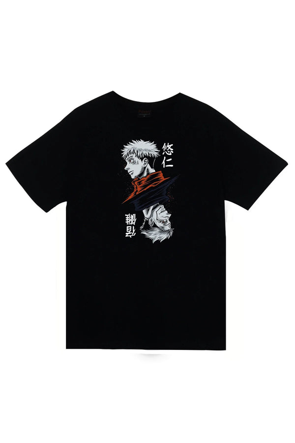 Jujutsu Kaisen Anime Yuji Itadori siyah-beyaz karakter baskılı siyah tişört