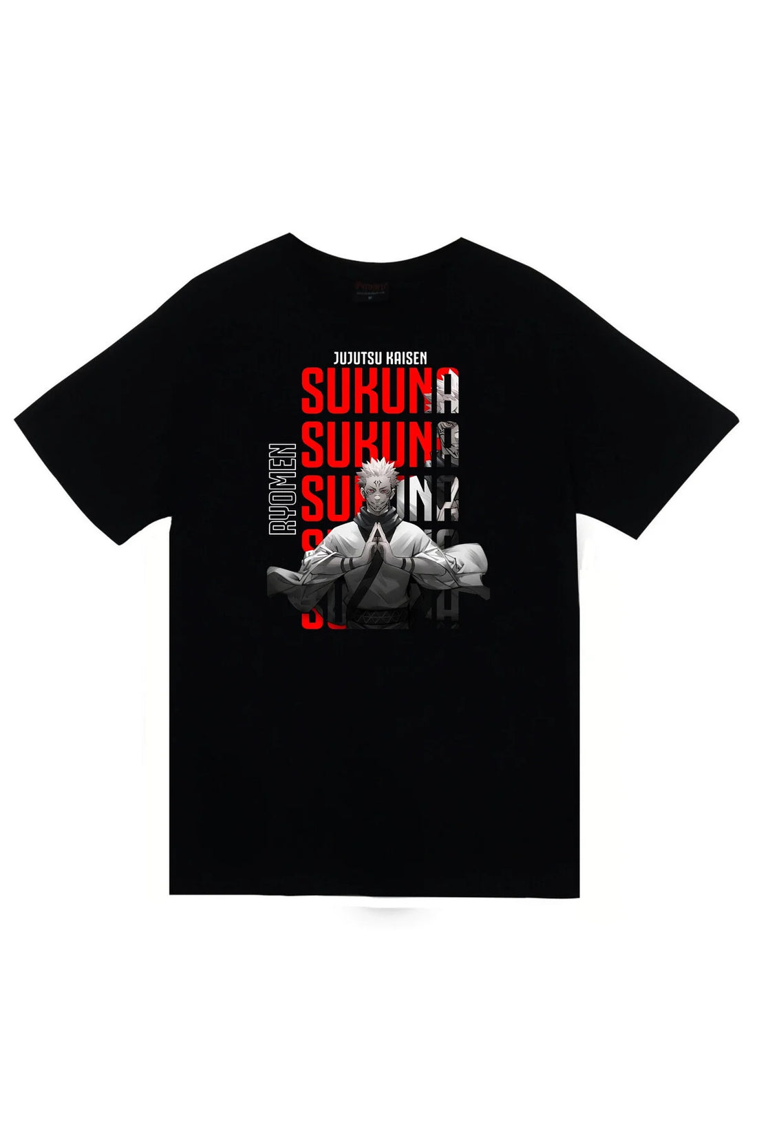 Jujutsu Kaisen - Ryomen Sukuna tekrarlı tipografili baskılı siyah tişört