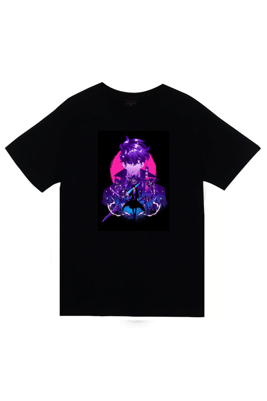 Solo Leveling Anime Baskılı Unisex %100 Pamuk Siyah T-shirt