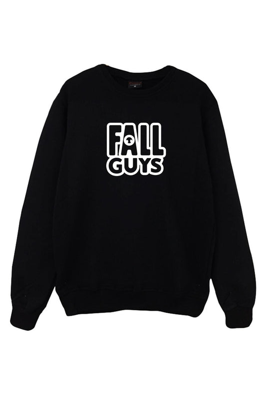 Unisex Siyah Fall Guys Oyun Baskılı Bisiklet Yaka Sweatshirt