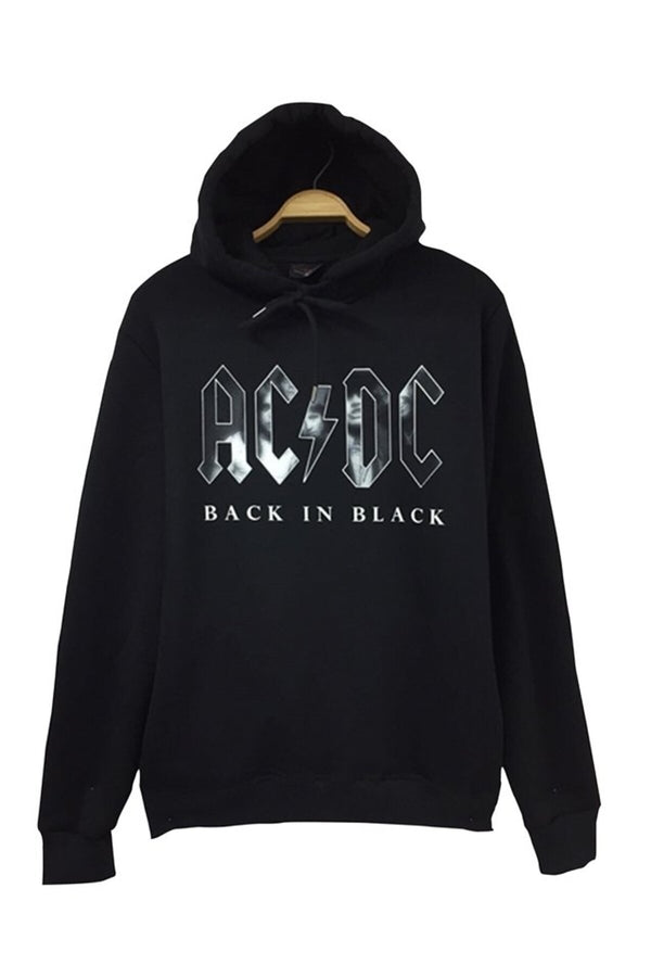 AC/DC Baskılı Unisex %100 Pamuk Kapüşonlu Sweatshirt – Siyah