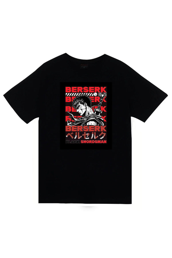 Berserk Anime Kırmızı tekrarlı tipografi baskılı siyah tişört